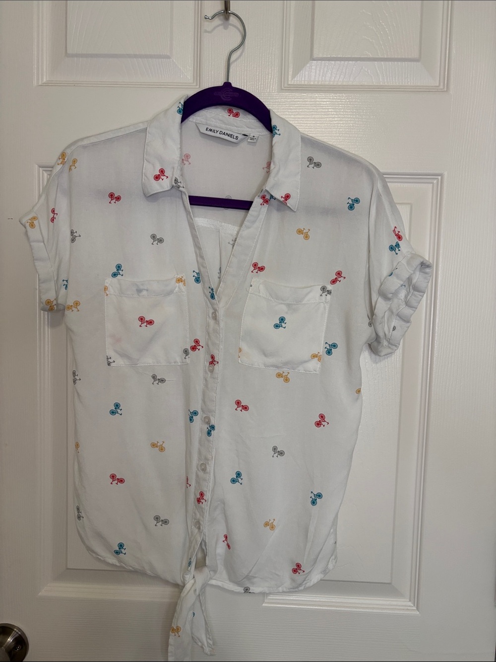 White Short-Sleeve Tie-Front Blouse with Multicolor Motif Bike Lovers Size S